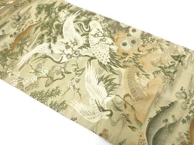 JAPANESE KIMONO / ANTIQUE NAGOYA OBI / WOVEN CRANES & SHOCHIKUBAI & KIKU & HAGI